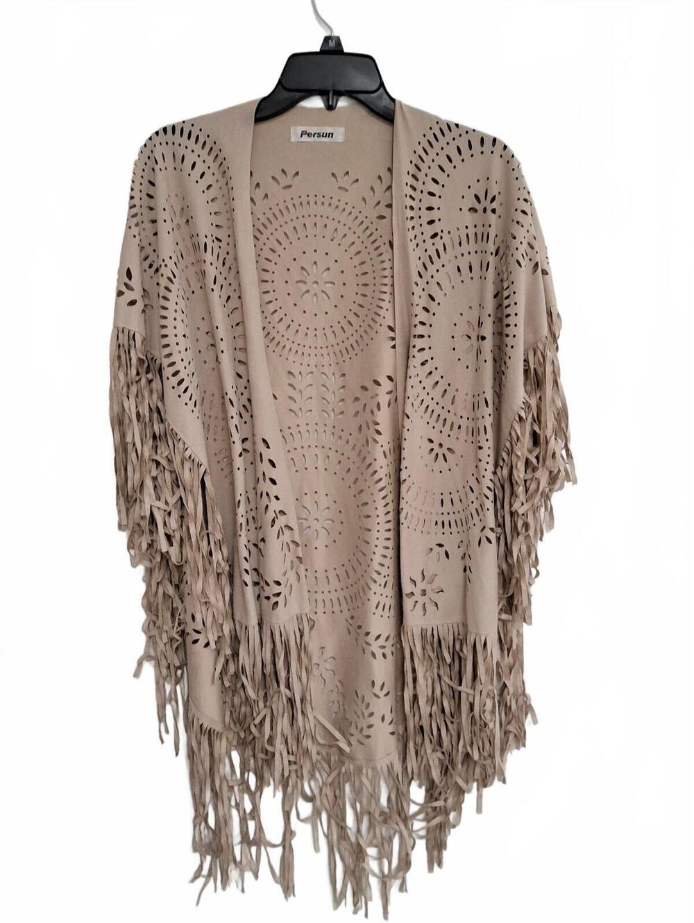 BOHEMIAN Persun Beige Laser Cut Suede Fringe Shawl Wrap
